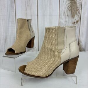 Toms Booties Leather Canvas Peep Toe Preppy Dressy Ankle Boots Tan Size 6.5